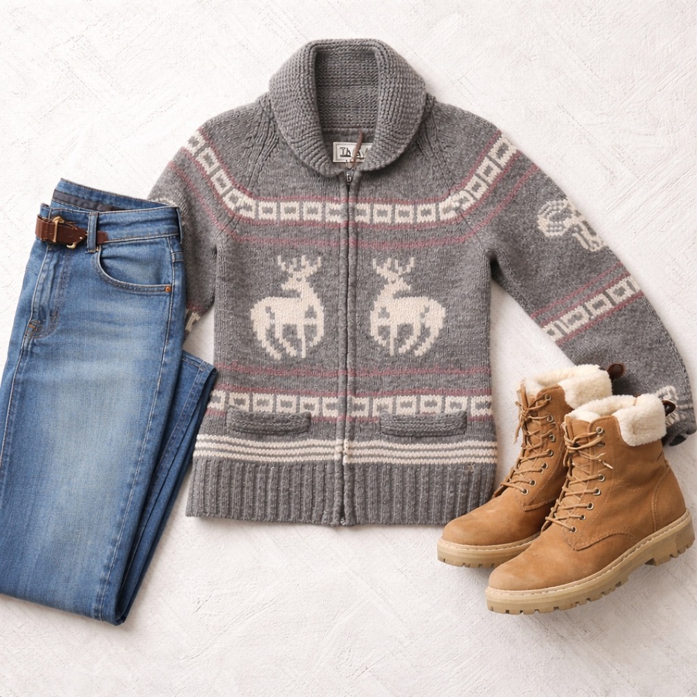 TNA 100% Lambswool Deer Fair Isle Zip Cardigan Sweater Medium Grey Nordic Cabin